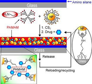 Scheme 1 - A schematic illustration for the formation of Den-NP composite films via DTC crosslinking and the incorporation/release of dyes/drugs