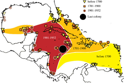 Total Extent of Caribbean monk seal range over time