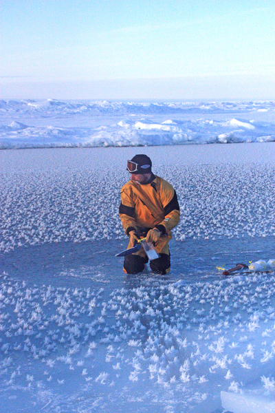 Collecting samples from frost flowers.