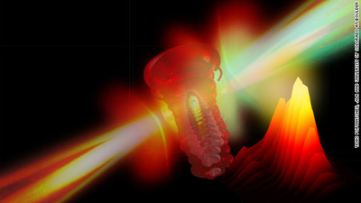 Representation of a strong laser field ripping an electron from an atom.