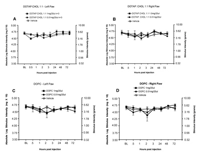 Behavioral responses to light mechanical touch stimuli applied to the hindpaws remains near baseline levels following intrathecal injection of protocells.